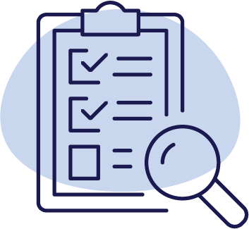 clipboard with magnifying glass blue icon